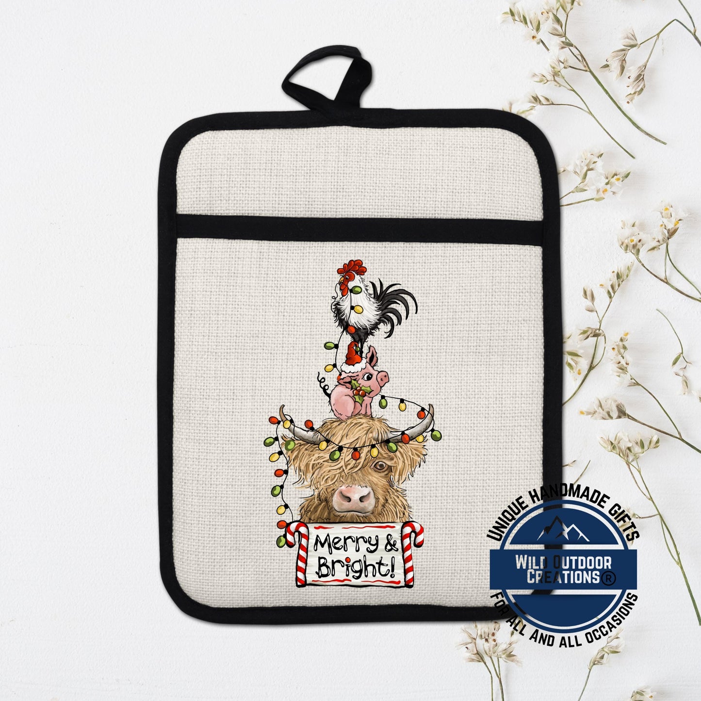 Highland Cow Pot Holder Linen Hot Pad Pig Rooster Merry Bright Kitchen Gift