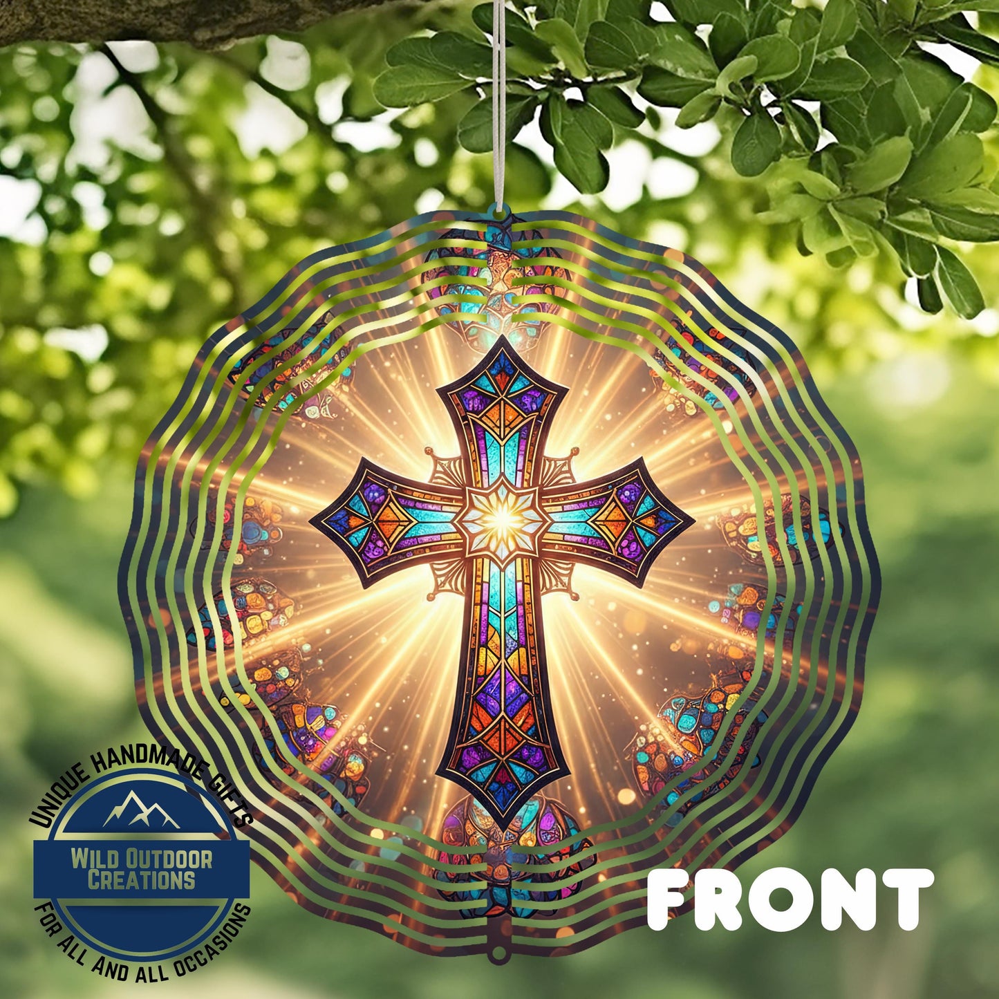 Faux Stained Glass Cross - Double Sided Spinner | Outdoor Wind Spinner with UV Protected Colors - additional angle