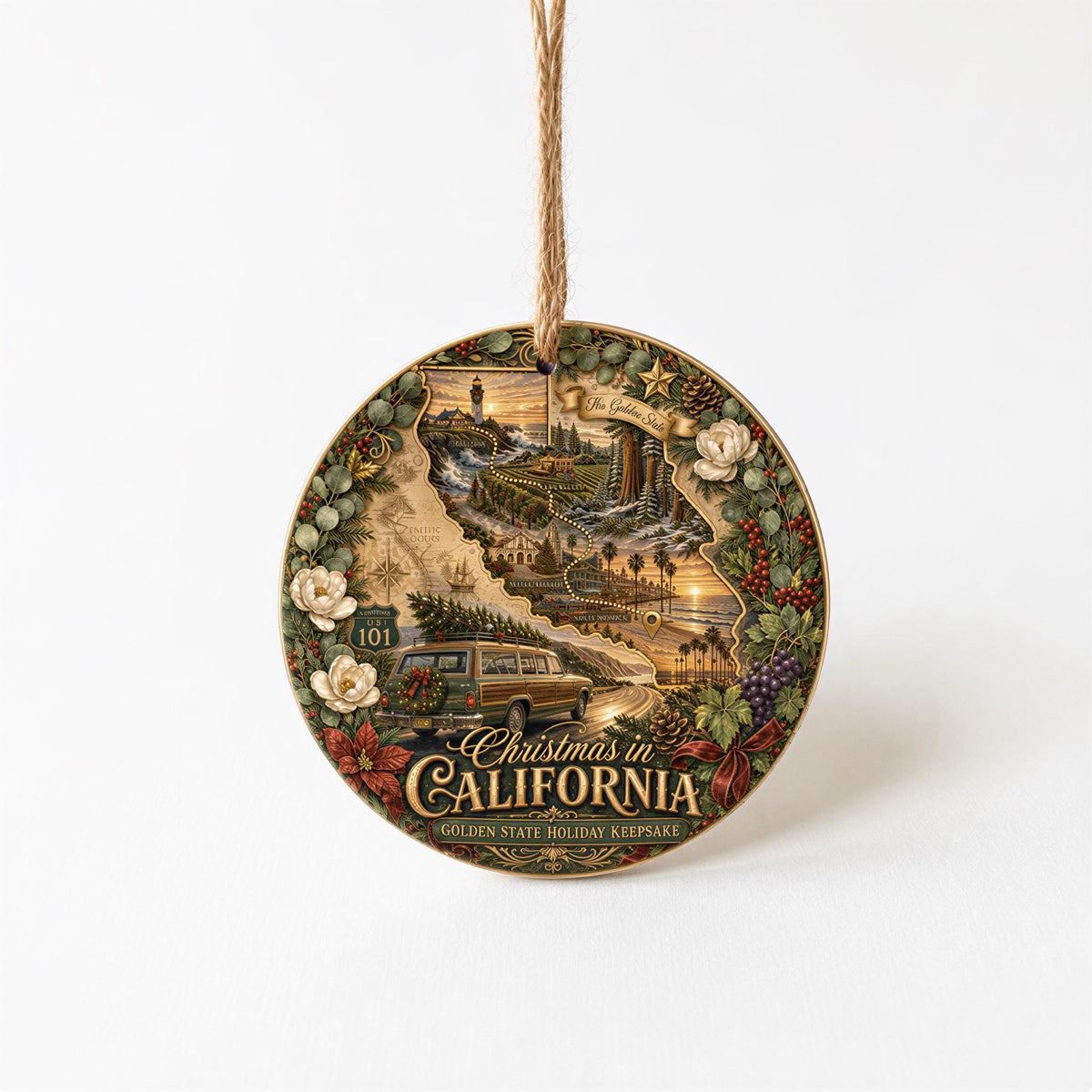 California Christmas Ornament, Vintage Wagon Ceramic Keepsake