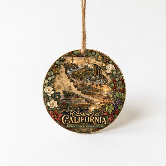 California Christmas Ornament, Vintage Wagon Ceramic Keepsake