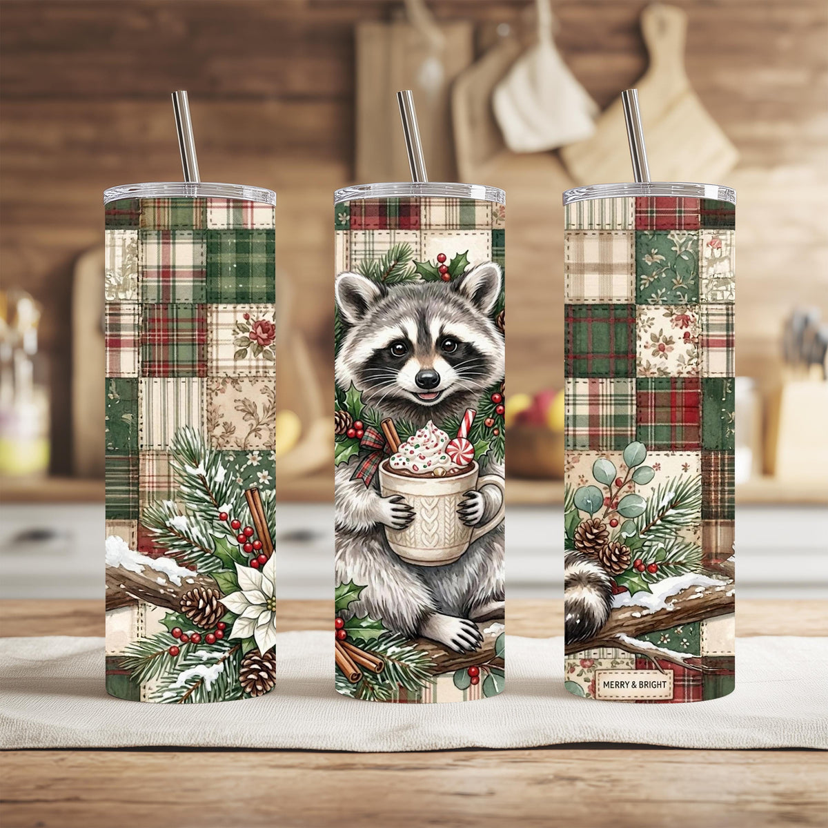 Raccoon Tumbler, 20 Oz Skinny, Plaid Patchwork Hot Cocoa Holiday