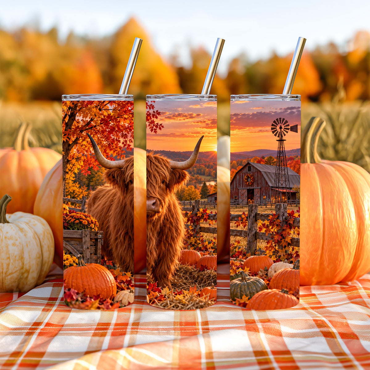 20 Oz Skinny Tumbler, Highland Cow Fall Pumpkin Patch, Red Barn