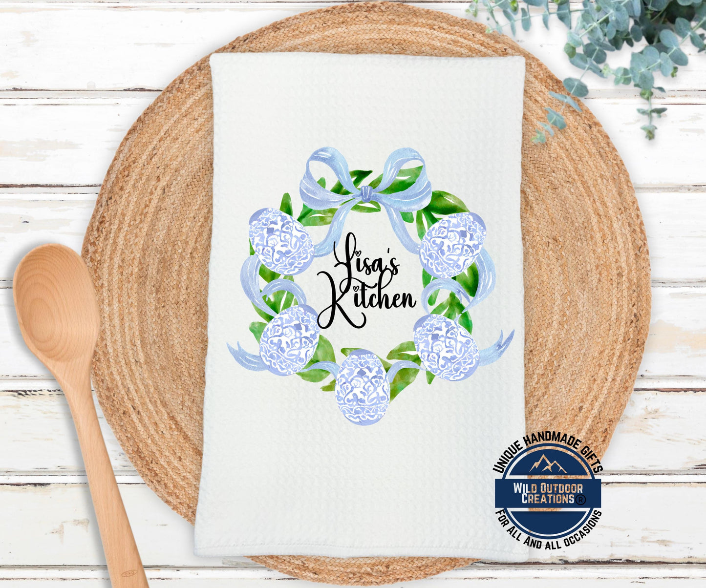 Personalized Easter Towel – Custom Name Kitchen Towel With Blue Chinoiserie Wreath - scale and size reference