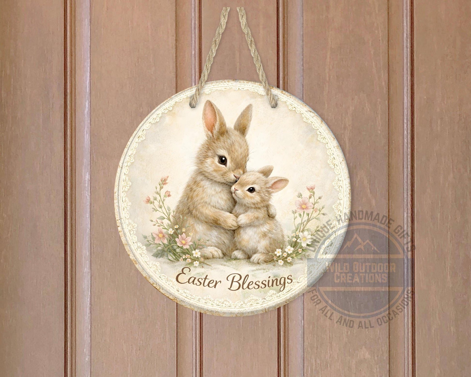 Spring Bunny Door Hanger – Floral Easter Sign | 10" Round Aluminum Decor - scale and size reference