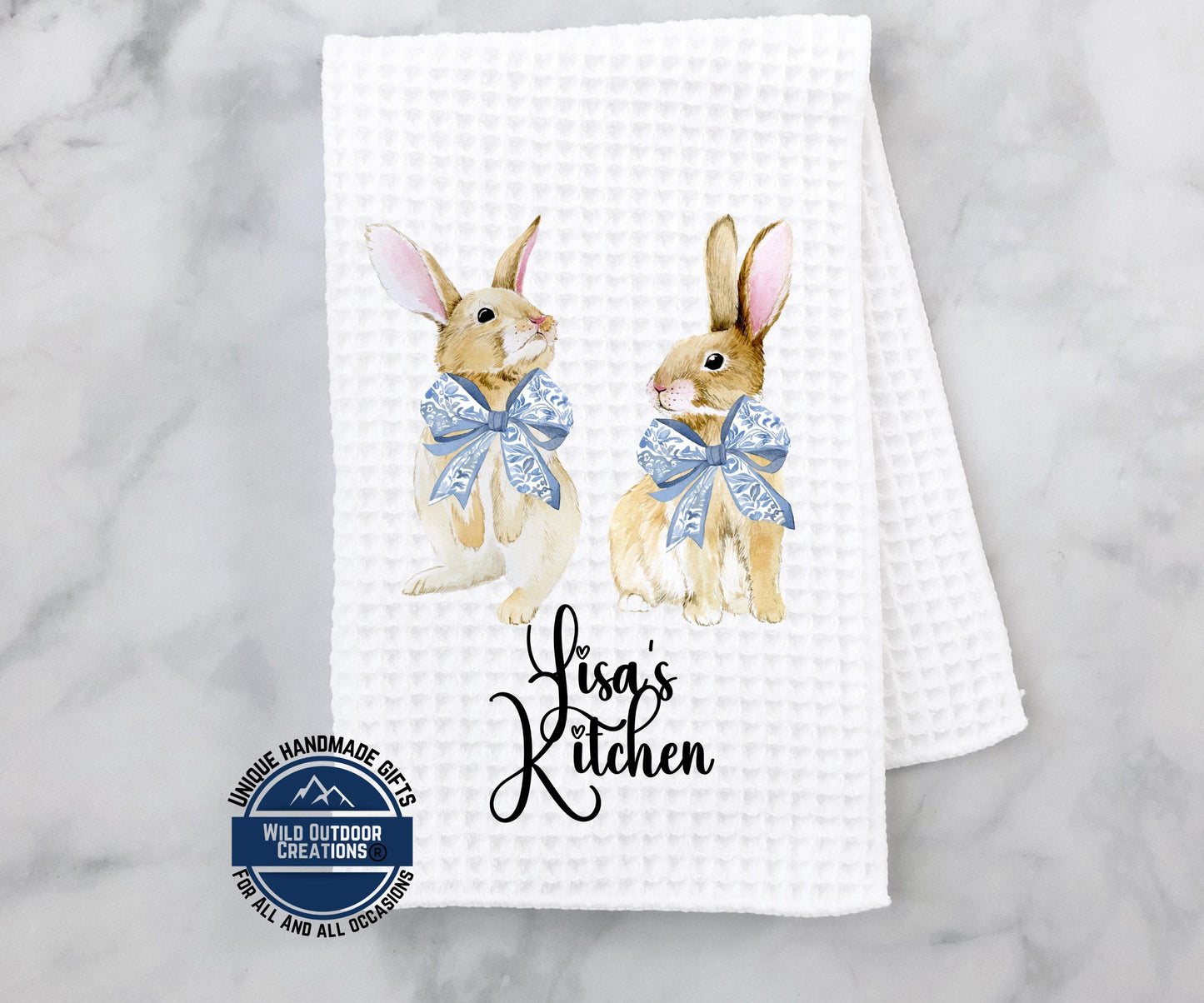 Personalized Easter Towel - Custom Kitchen Towel with Bunny Coquette Bow Design - scale and size reference