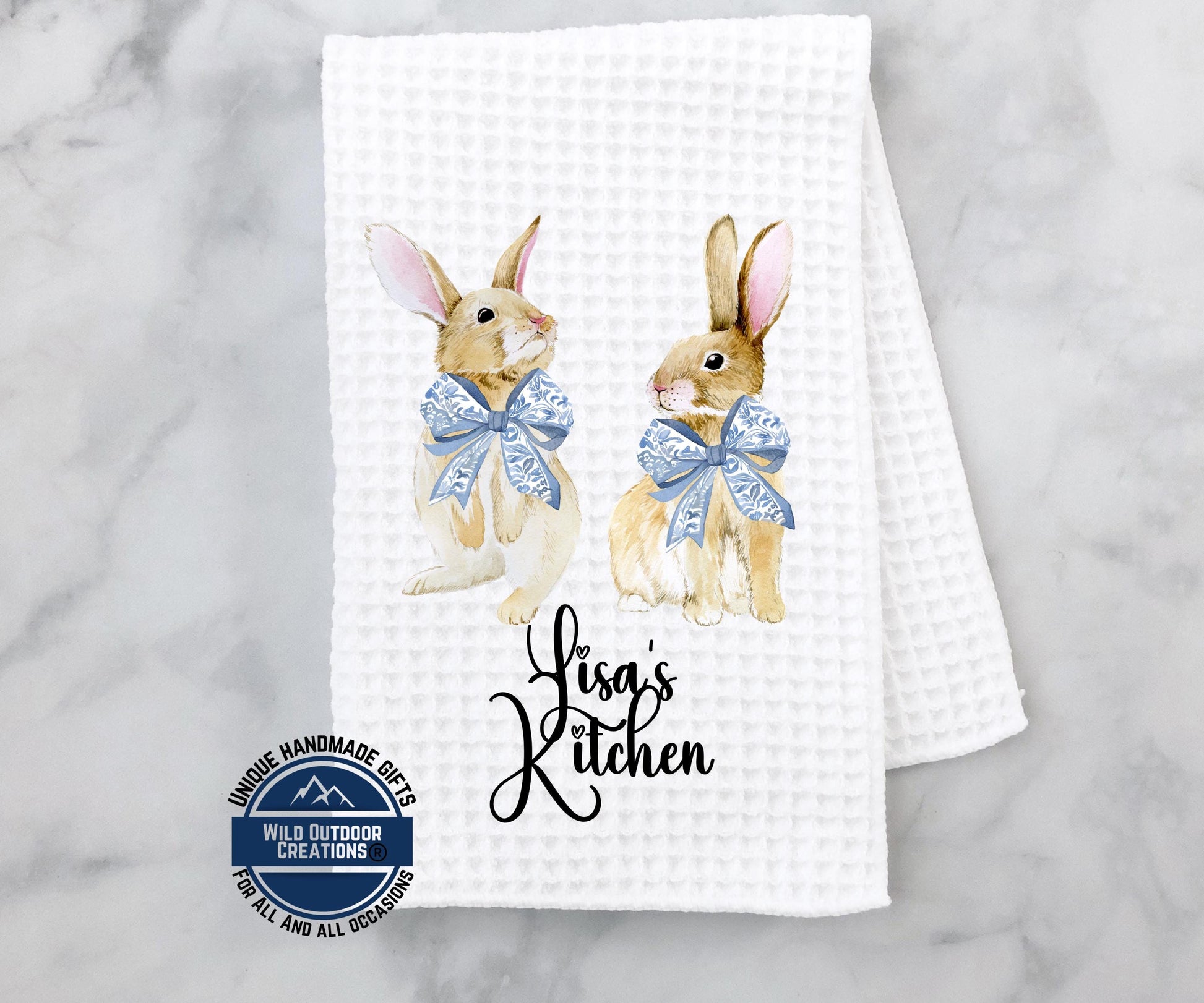Personalized Easter Towel - Custom Kitchen Towel with Bunny Coquette Bow Design - scale and size reference