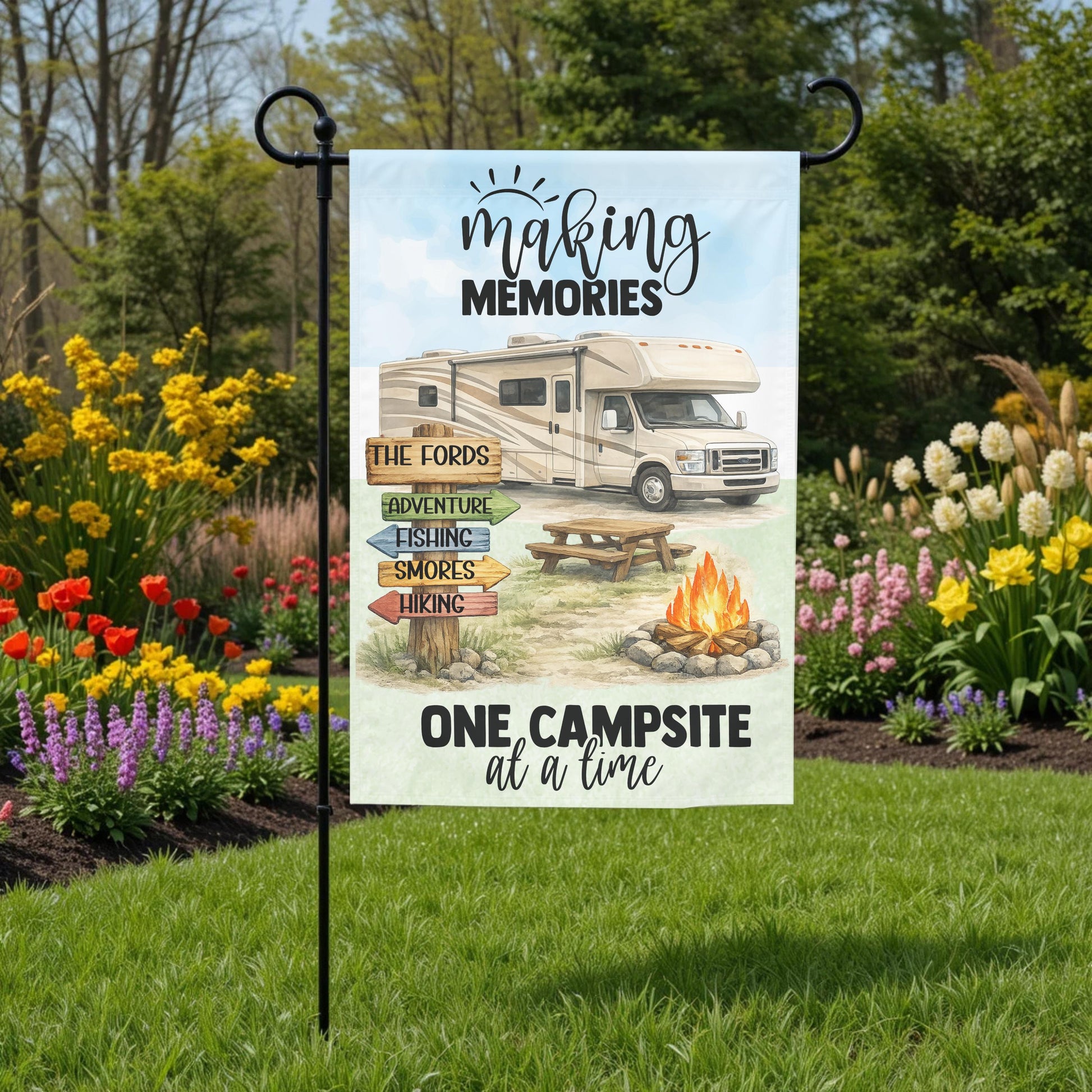 Class C Motorhome Flag - Personalized Camper Garden Flag | Custom Family Name Outdoor Decor - close up detail