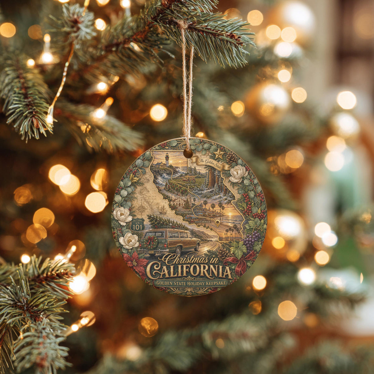 California Christmas Ornament, Vintage Wagon Ceramic Keepsake