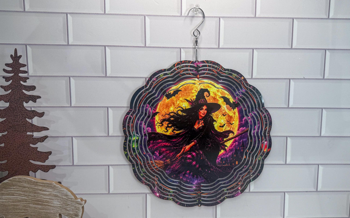 Witch Wind Spinner | Halloween Porch Decor - 10 Inch Swivel Display, Indoor Outdoor Accent