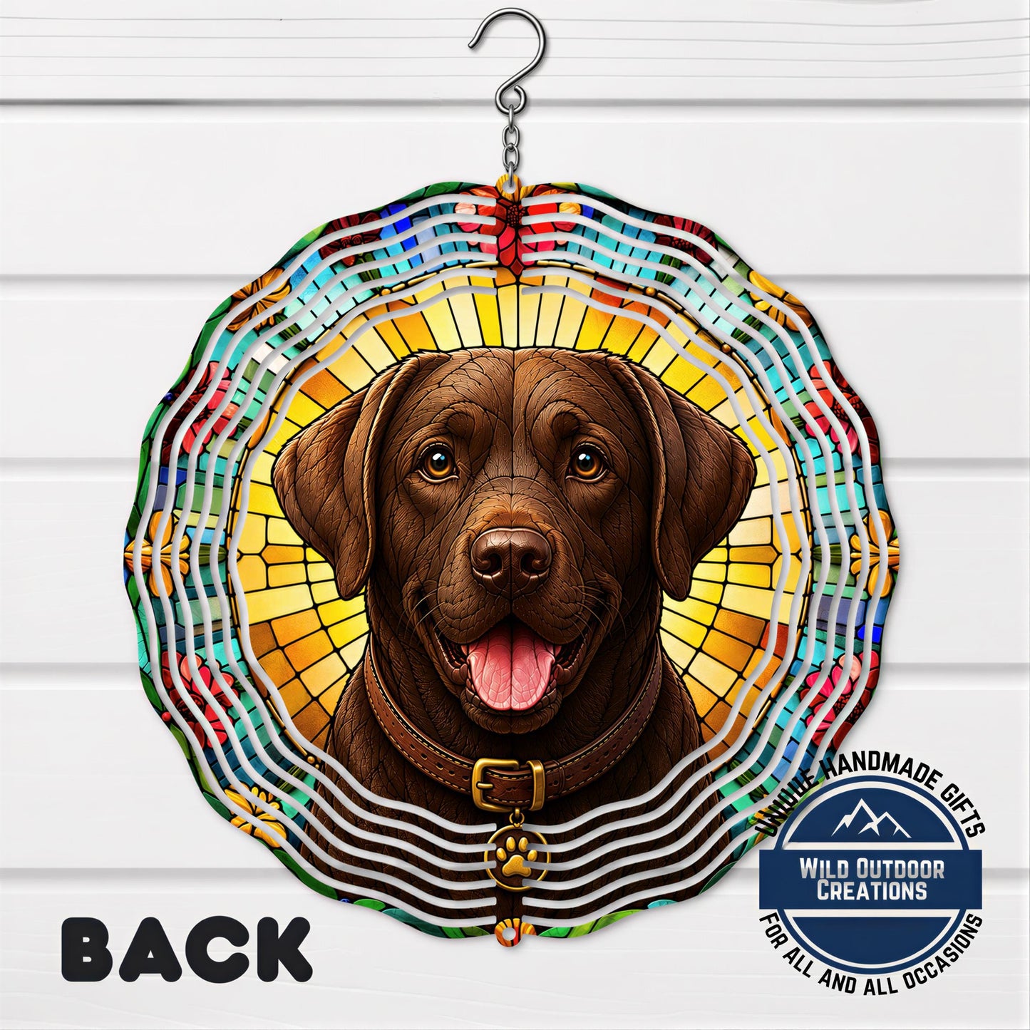 Chocolate Lab Wind Spinner - 10 Inch Faux Stained Glass Spiral Garden Decor
