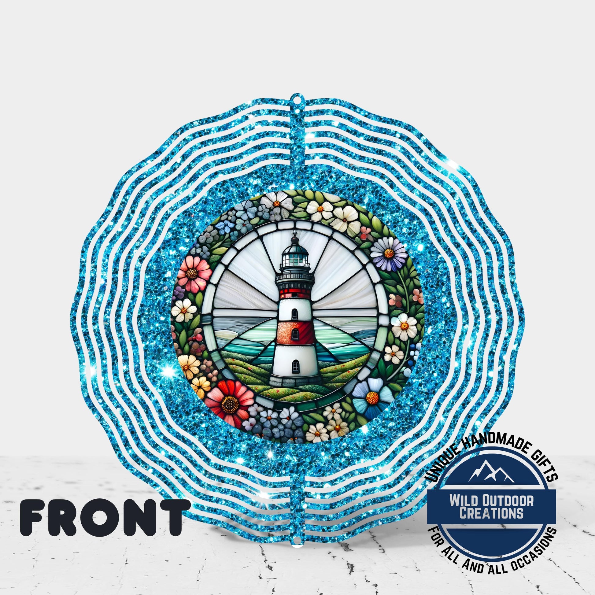 Coastal Lighthouse Wind Spinner – Aluminum Outdoor Garden Decor with Blue Glitter - gift presentation view