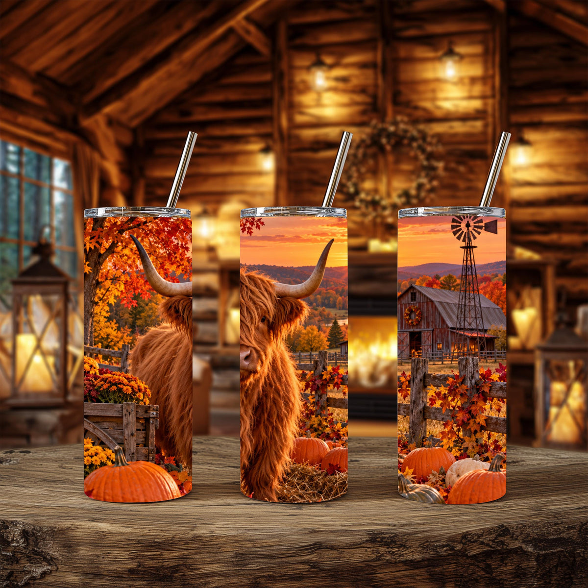 20 Oz Skinny Tumbler, Highland Cow Fall Pumpkin Patch, Red Barn