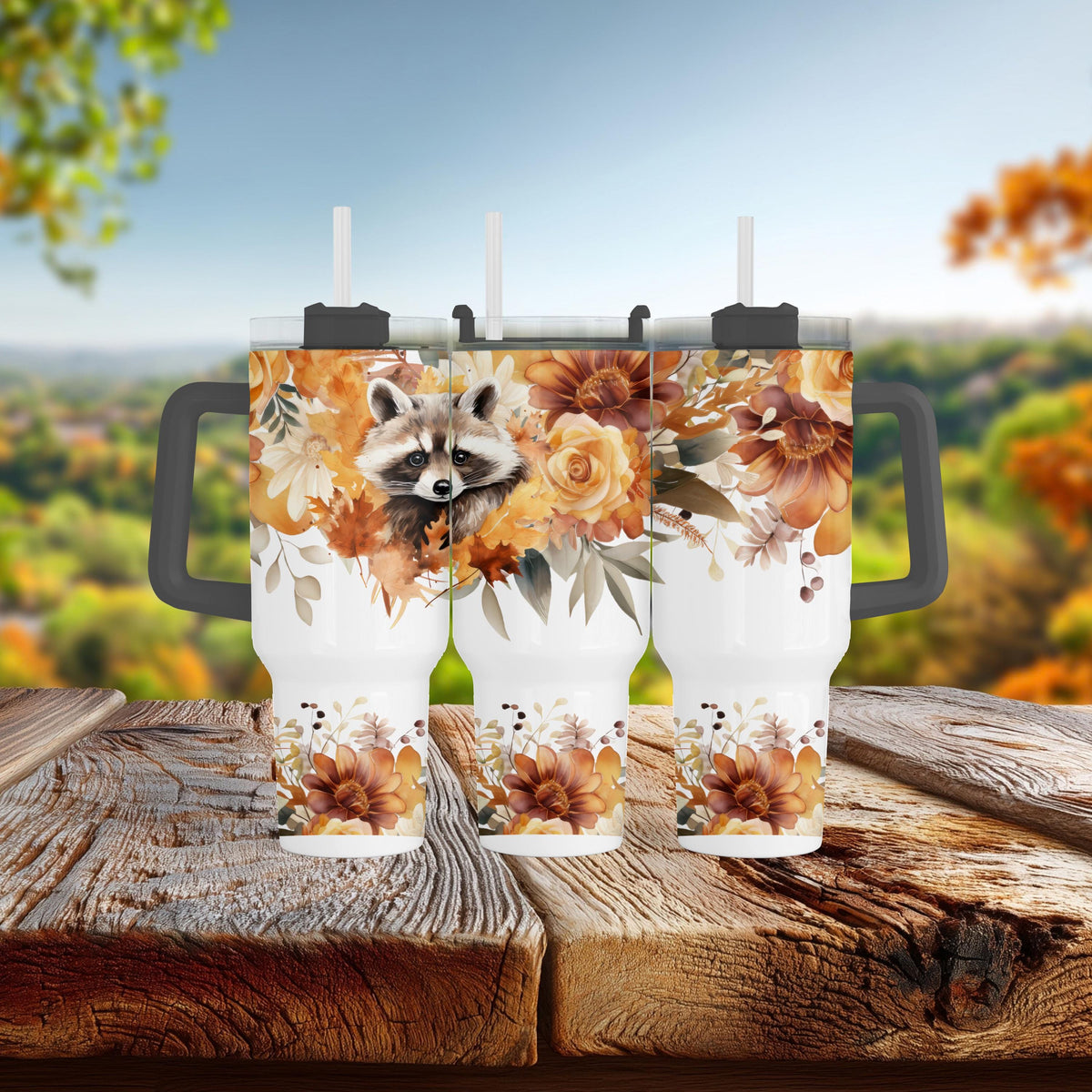 40 Oz Tumbler, Raccoon Fall Floral With Handle, Autumn Mug Gift