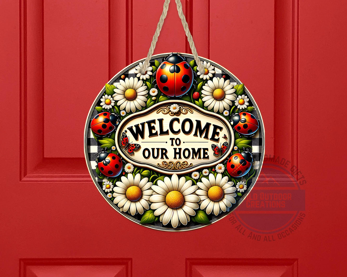 Welcome Door Hanger - Outdoor Aluminum Round Sign With Ladybug & Daisy Design - additional angle