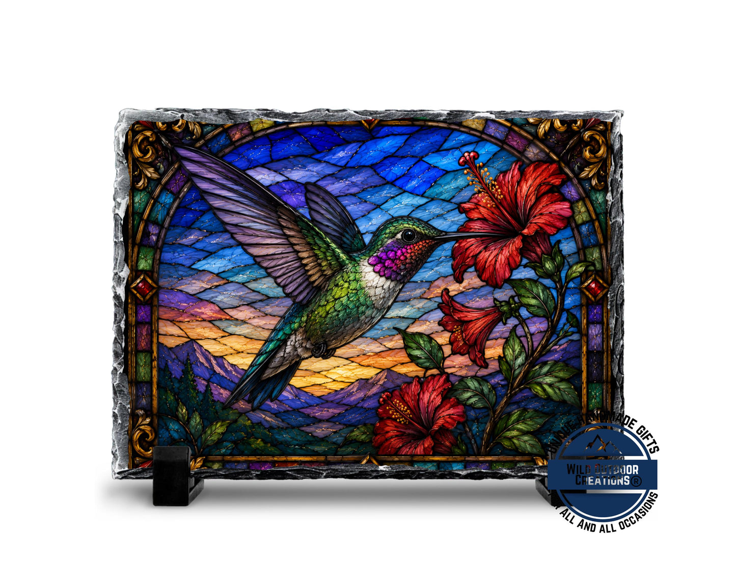 Hummingbird Faux Stained Glass Slate Plaque, Hibiscus Sunset Bird Decor, Garden Lover Gift