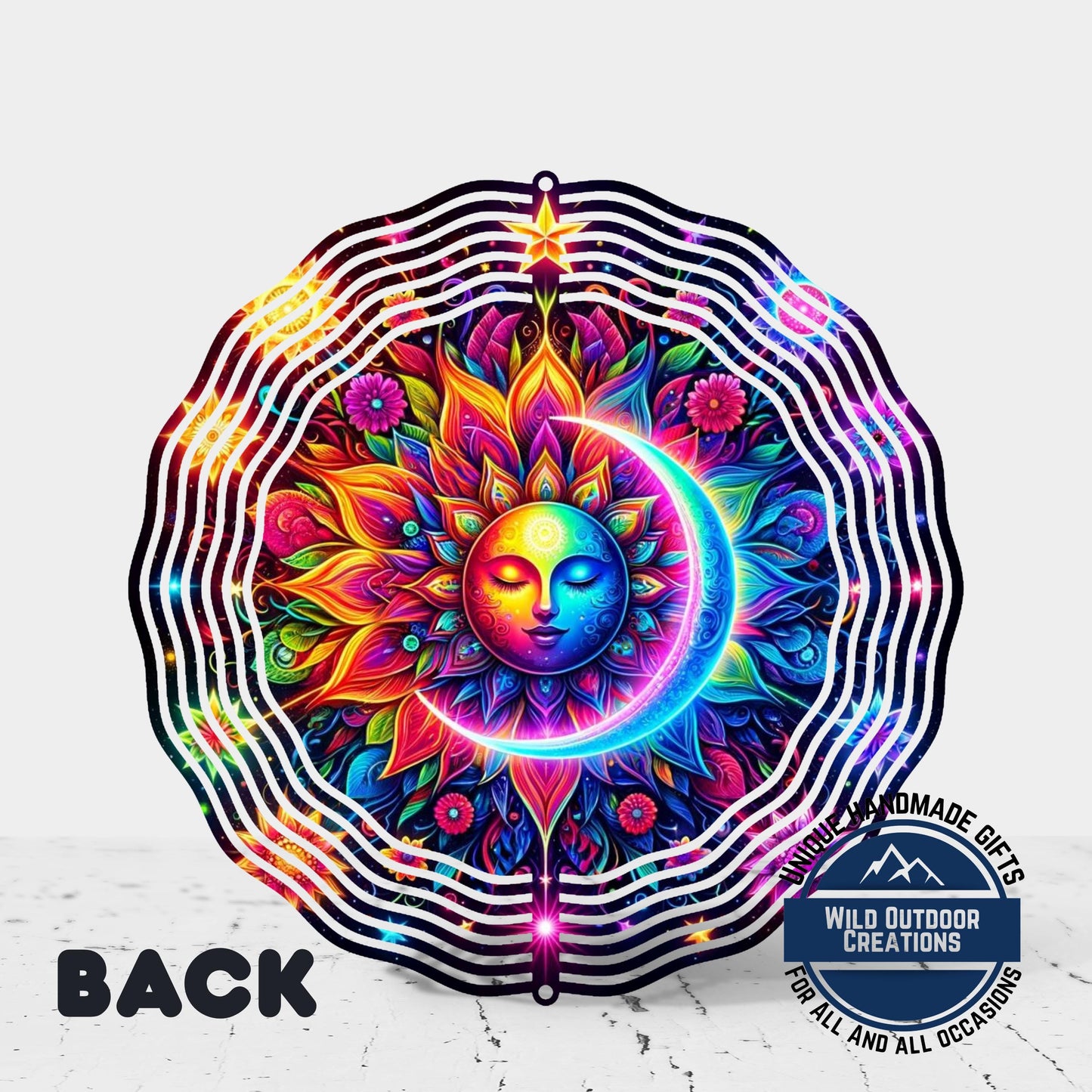 Celestial Wind Spinner - Neon Sun Moon Design | Double Sided Aluminum Spinner - additional product photo 10