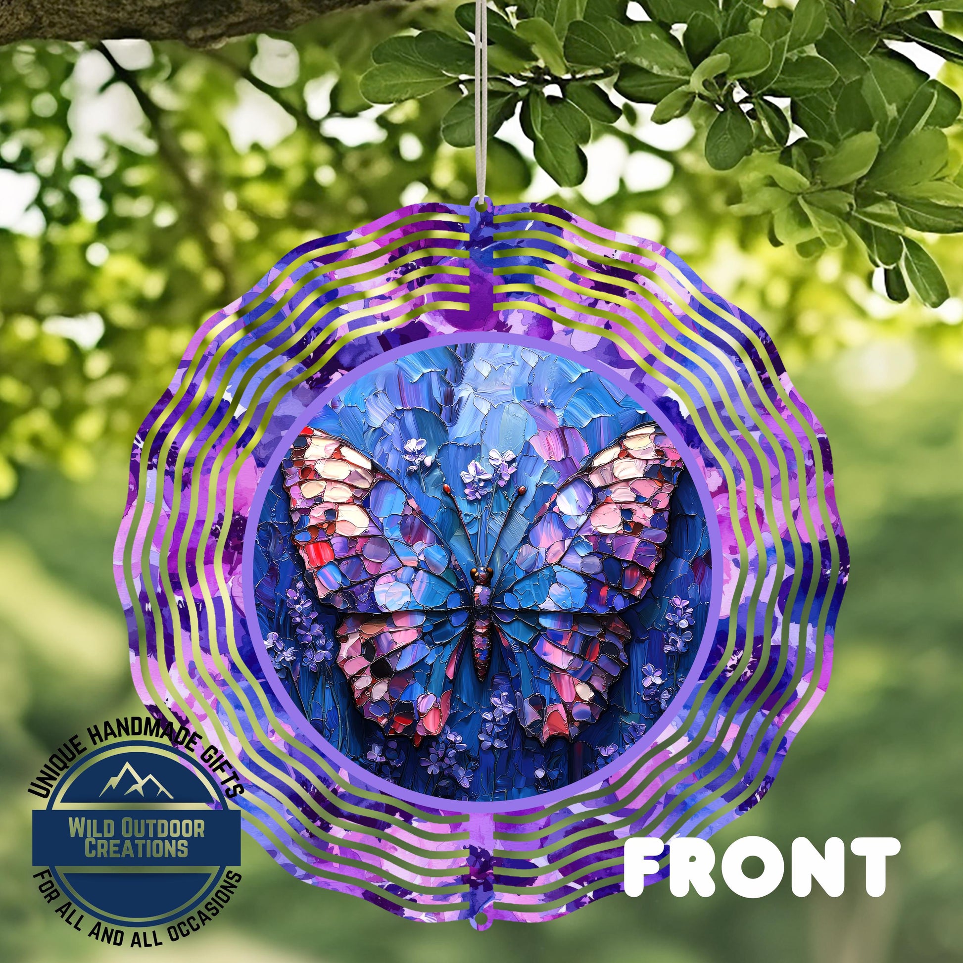 Butterfly Wind Spinner - Double Sided Mosaic Style Spinner, Purple Blue, 10 Inch Aluminum - additional angle