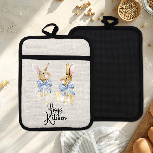 Personalized Easter Pot Holder - Custom Bunny Kitchen Gift with Chinoiserie Blue Design