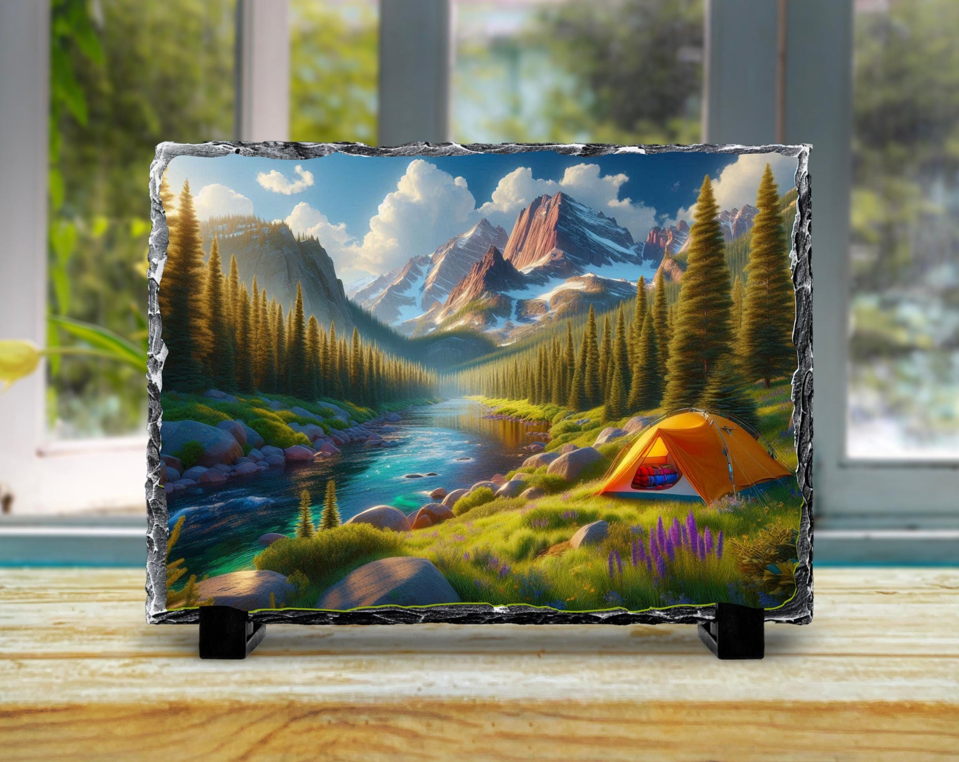 Mountain Camping Plaque - Rustic Slate Art With River And Tent Artwork - packaging and presentation