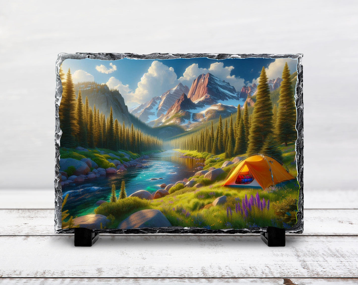 Mountain Camping Plaque - Rustic Slate Art With River And Tent Artwork - scale and size reference