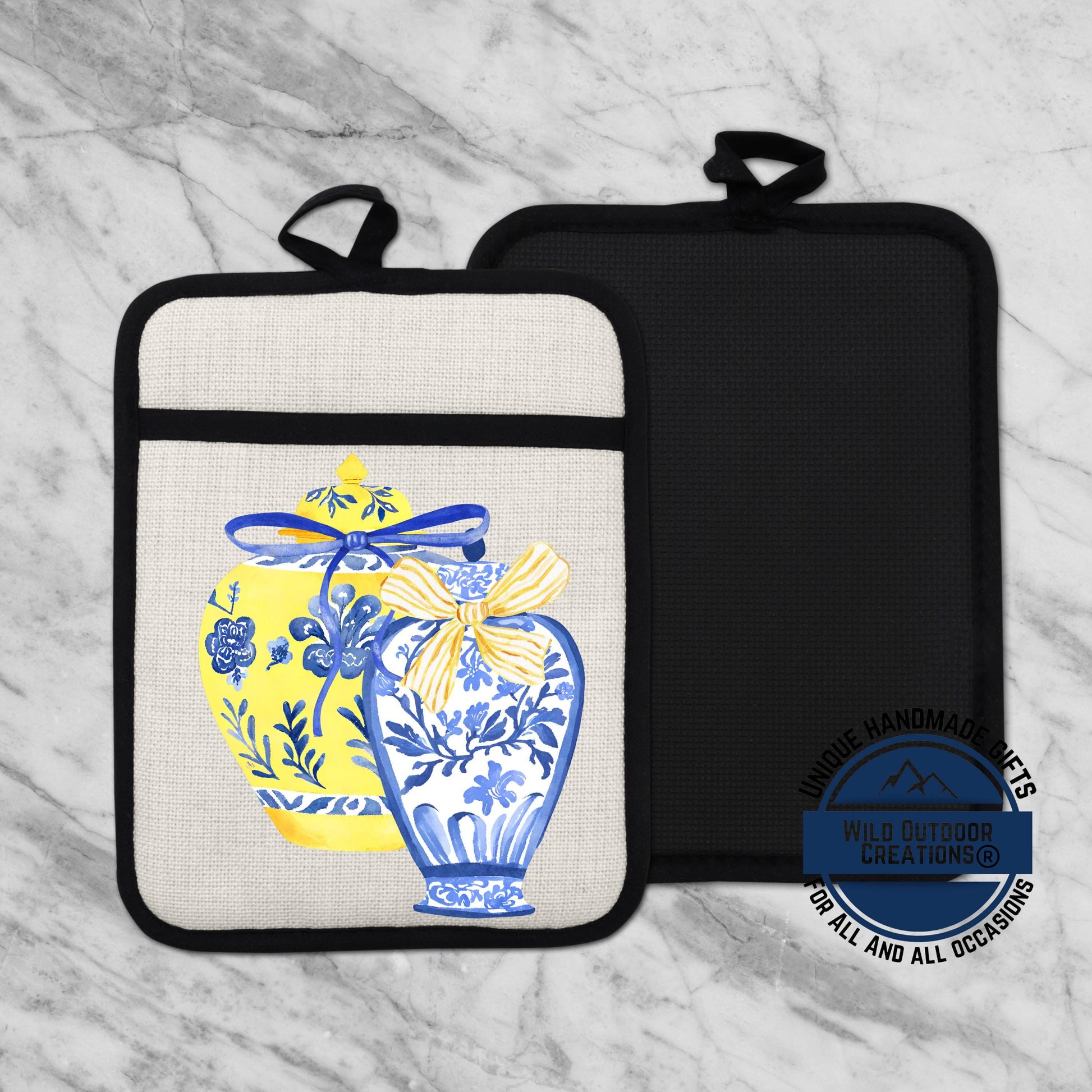 Chinoiserie Pot Holder – Blue Yellow Ginger Jar Linen Kitchen Accessory with Pocket