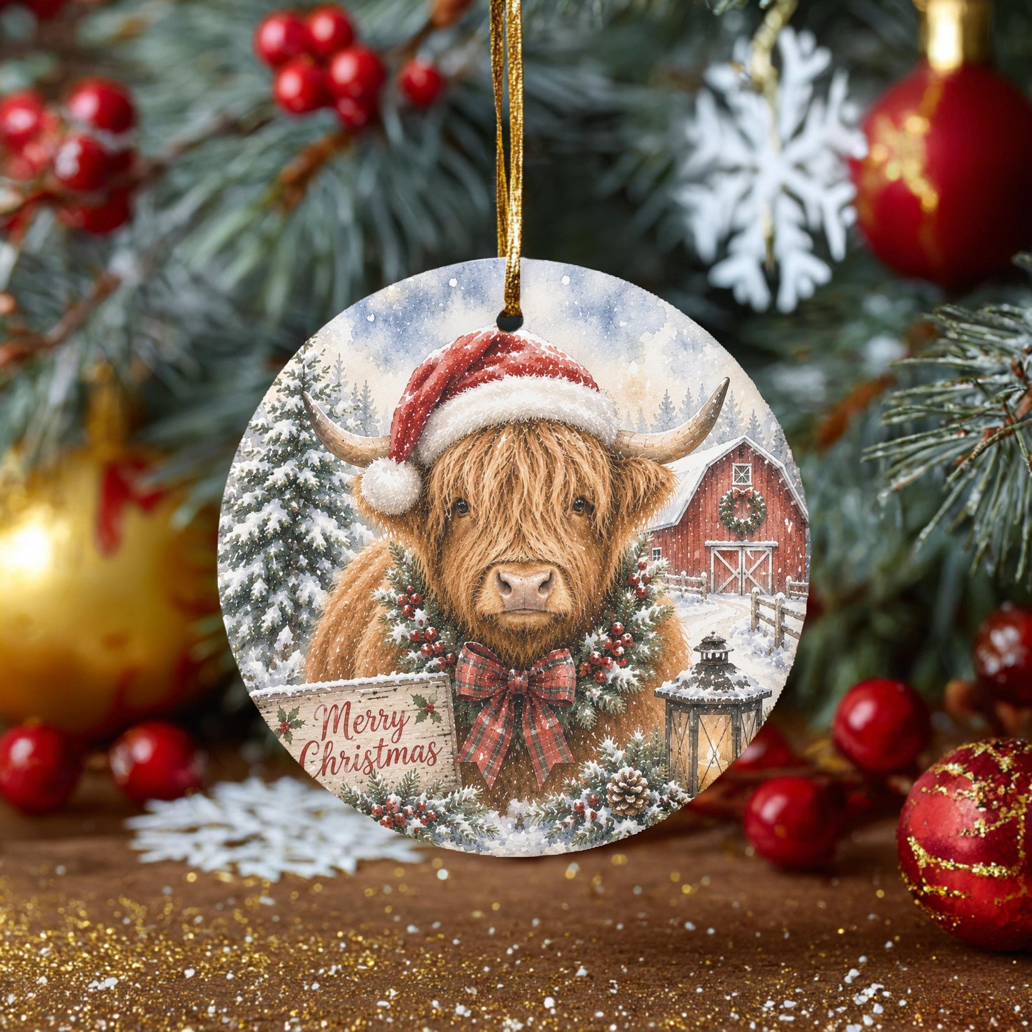 Highland Cow Ornament, Round Ceramic, 3 Inch Winter Barn Scene