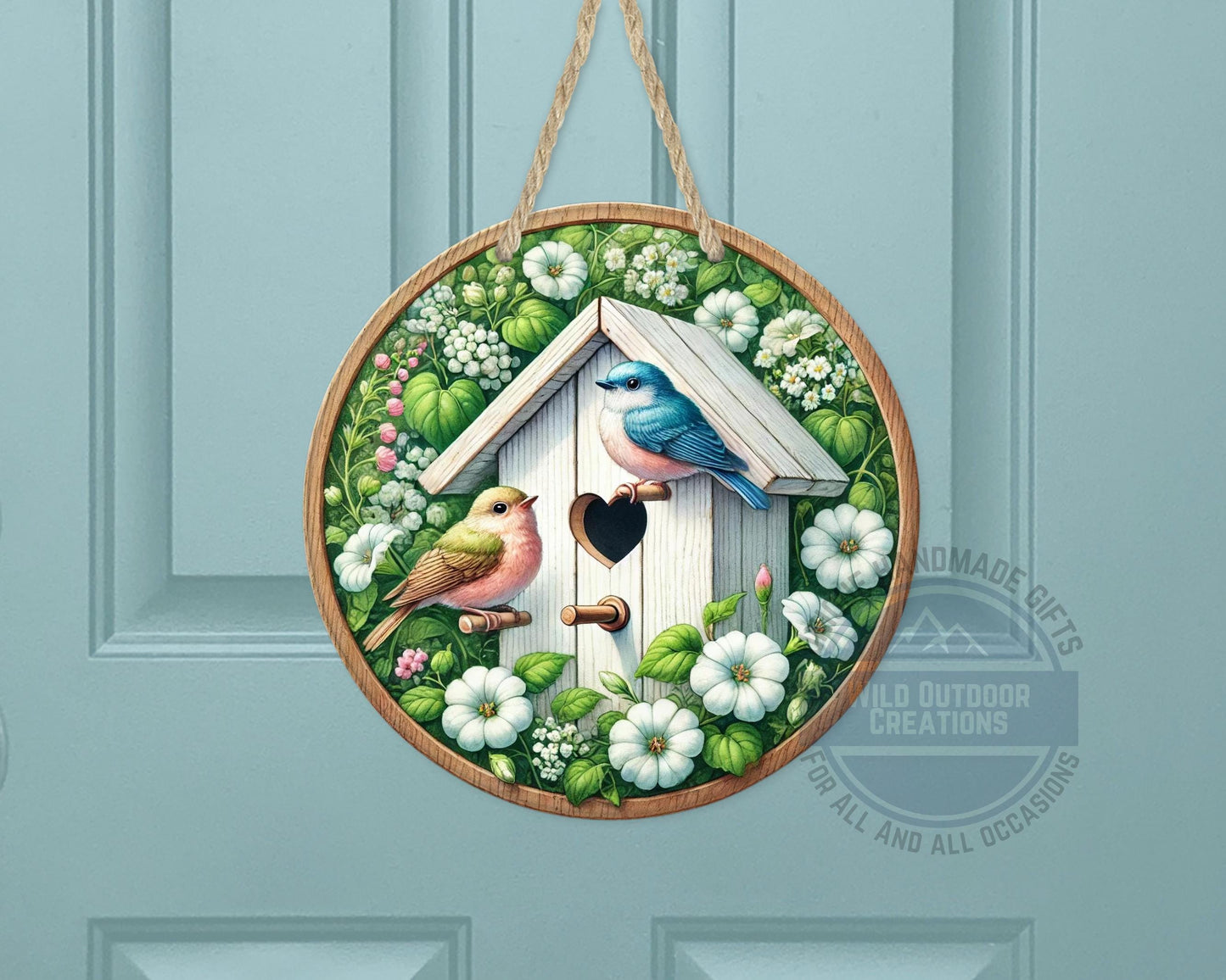 Birdhouse Door Hanger – Spring Door Decor with Songbird Porch Welcome Sign - detail view
