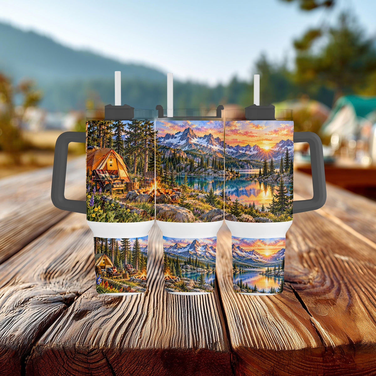 Mountain Camping Tumbler, 40 Oz Handle, Campfire Lake Sunset Gift