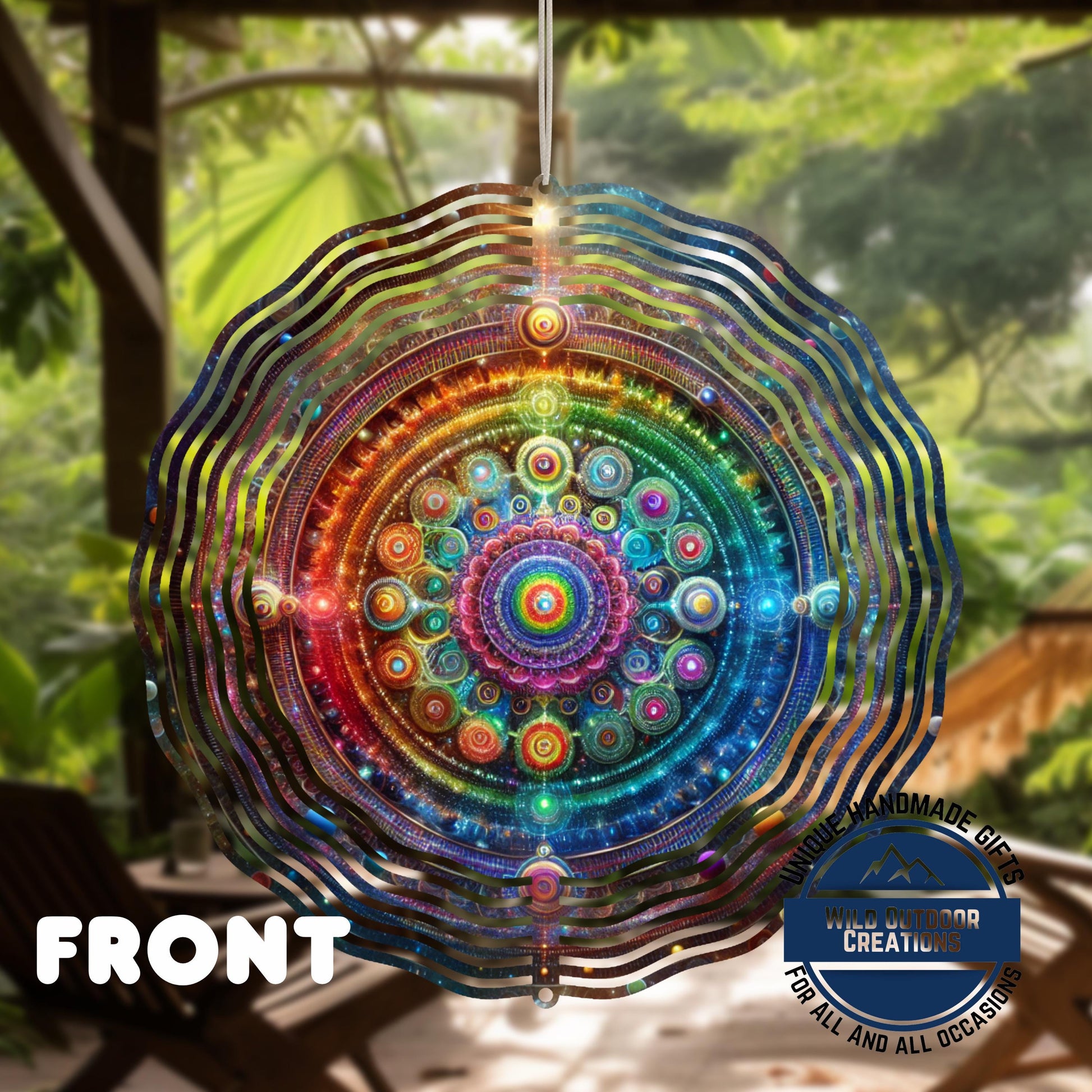 Neon Mandala Wind Spinner - Boho Garden Decor | Double Sided Aluminum Spinner - back side design view