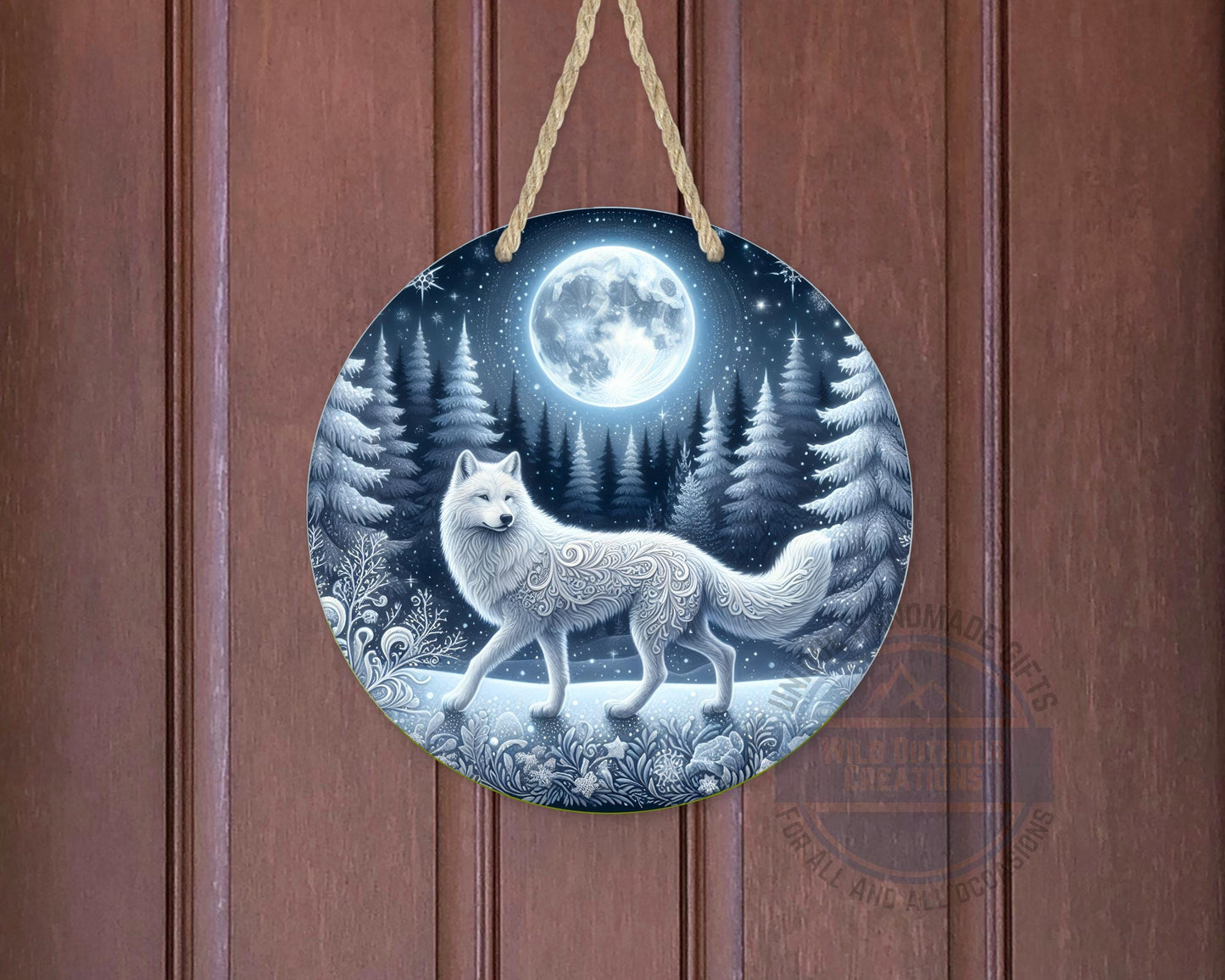 Wolf Door Sign - Rustic Outdoor Decor Full Moon Night with White Wolf Art - detail view