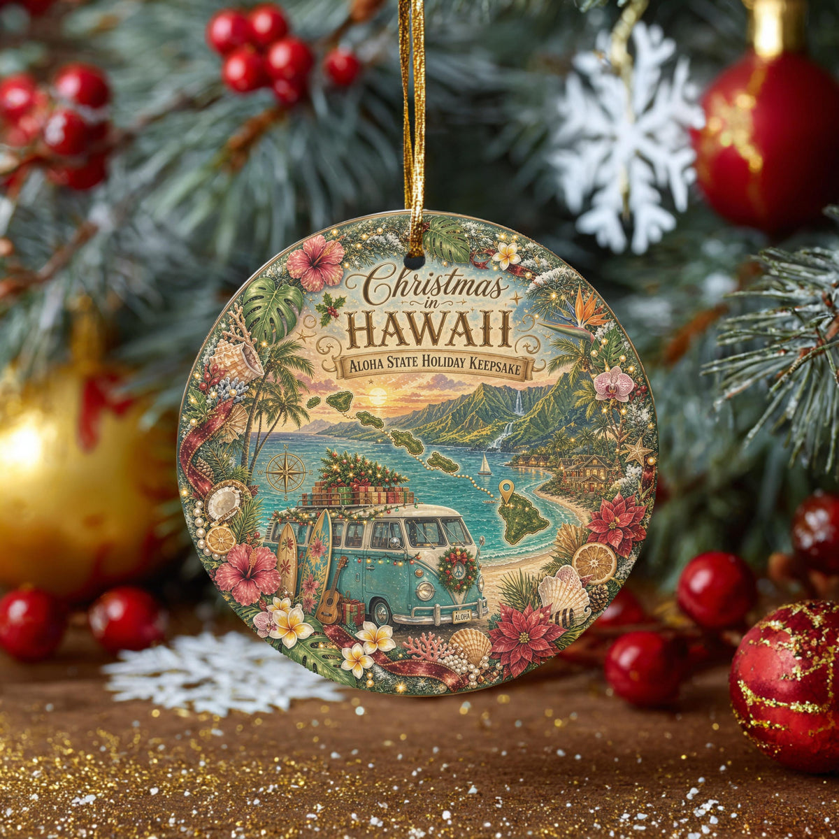Hawaii Ornament, Vintage Van Aloha State Keepsake, 3 Inch Ceramic