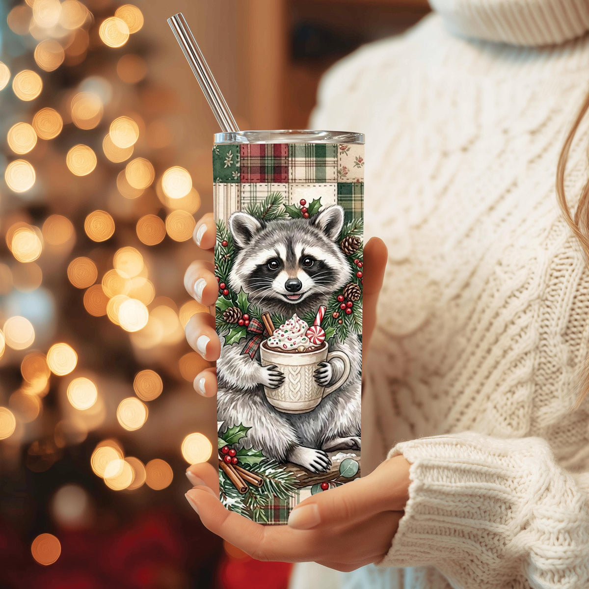 Raccoon Tumbler, 20 Oz Skinny, Plaid Patchwork Hot Cocoa Holiday