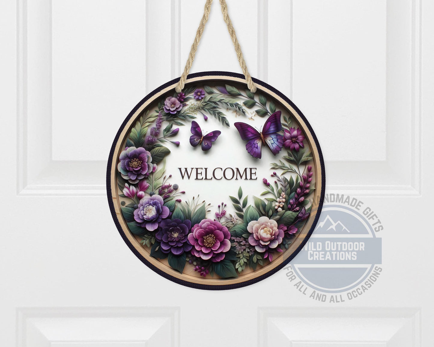 Welcome Door Hanger - Purple Floral Butterfly Porch Sign | Weather Resistant Aluminum - scale and size reference