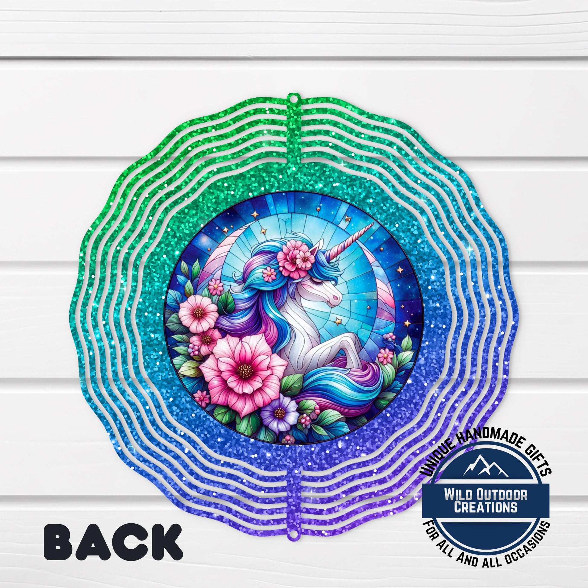 Unicorn Wind Spinner - Double Sided Glitter Ombre 10 Inch Outdoor Decor - close-up detail of design