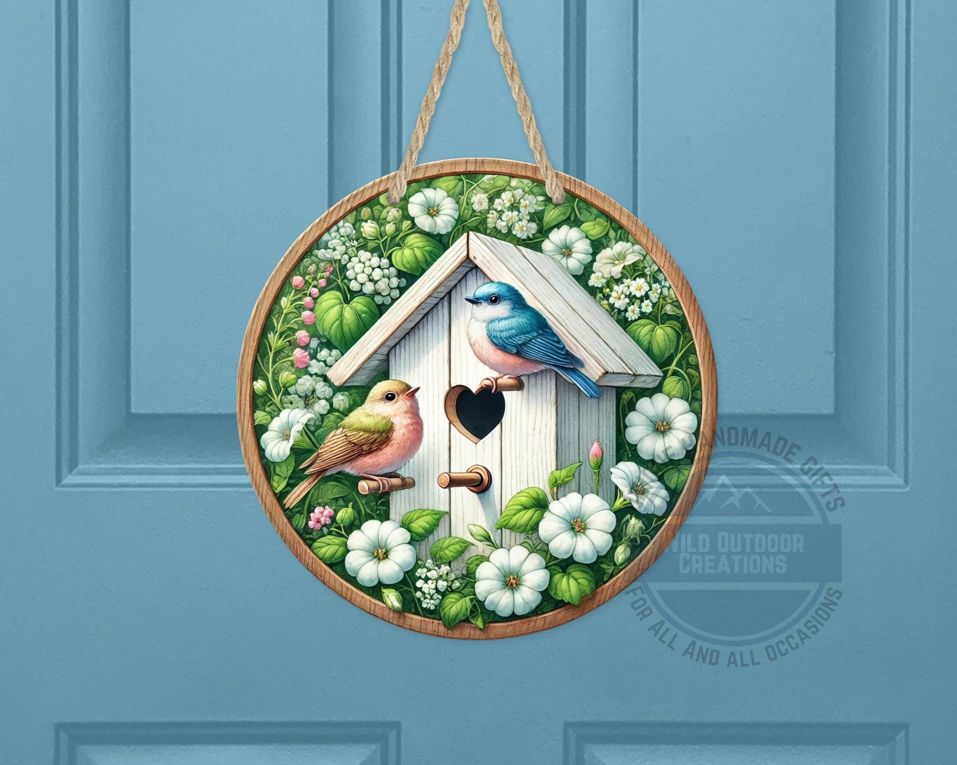 Birdhouse Door Hanger – Spring Door Decor with Songbird Porch Welcome Sign - gift presentation view