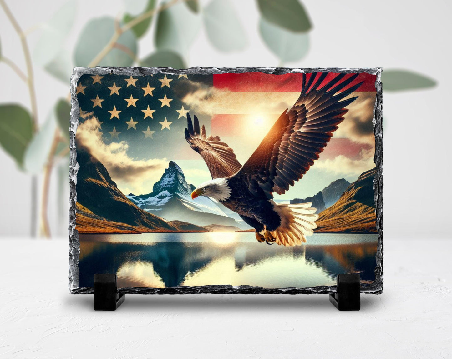 Patriotic Slate Sign - Bald Eagle Decor With American Flag Art & Mountain Lake - additional angle