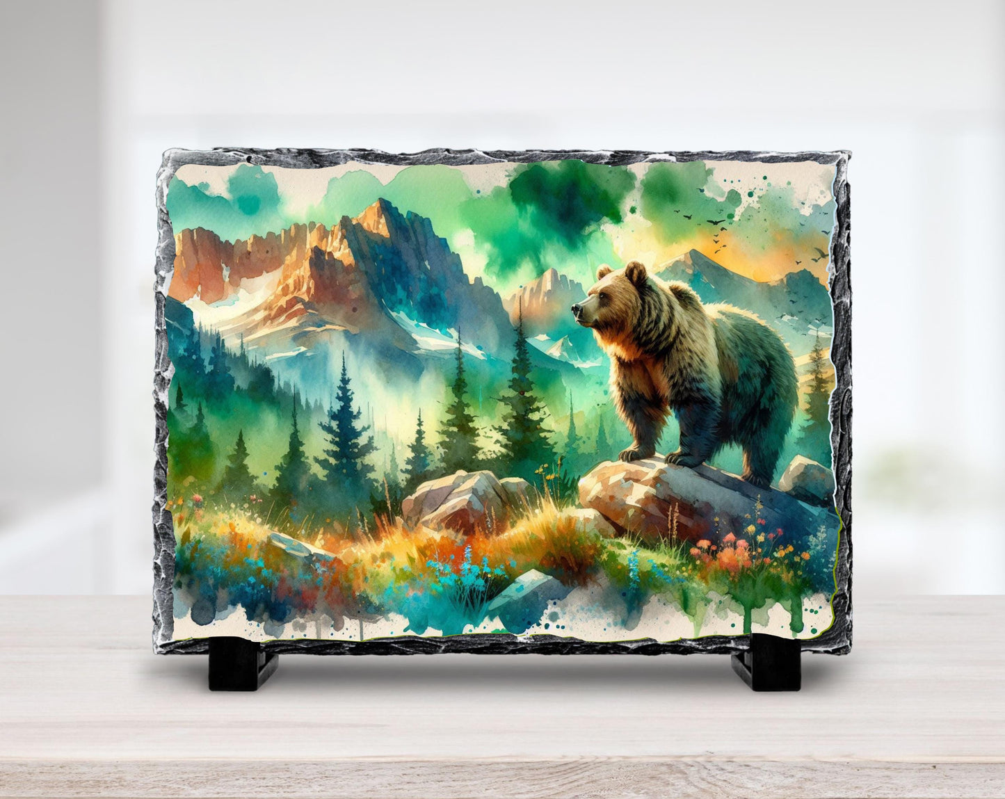 Rustic Bear Slate Plaque - Scenic River  Mountain Forest Decor Gift