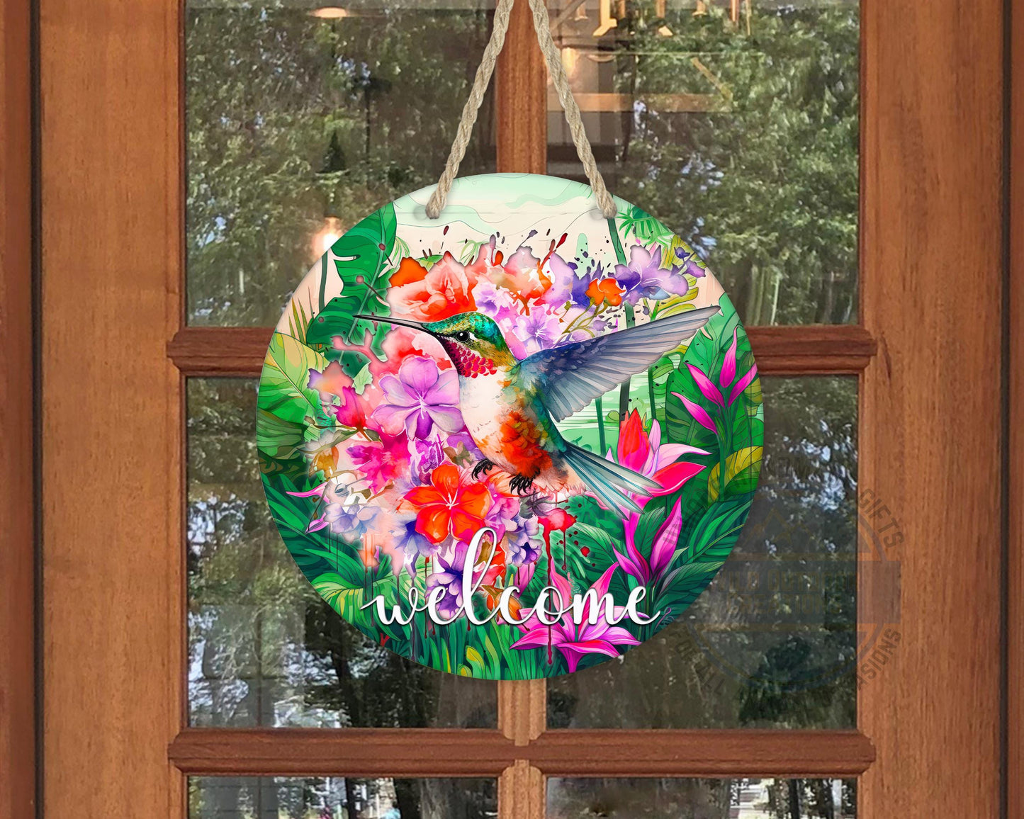 Floral Hummingbird Door Decor - Weather Resistant Garden Door Decor Sign - scale and size reference