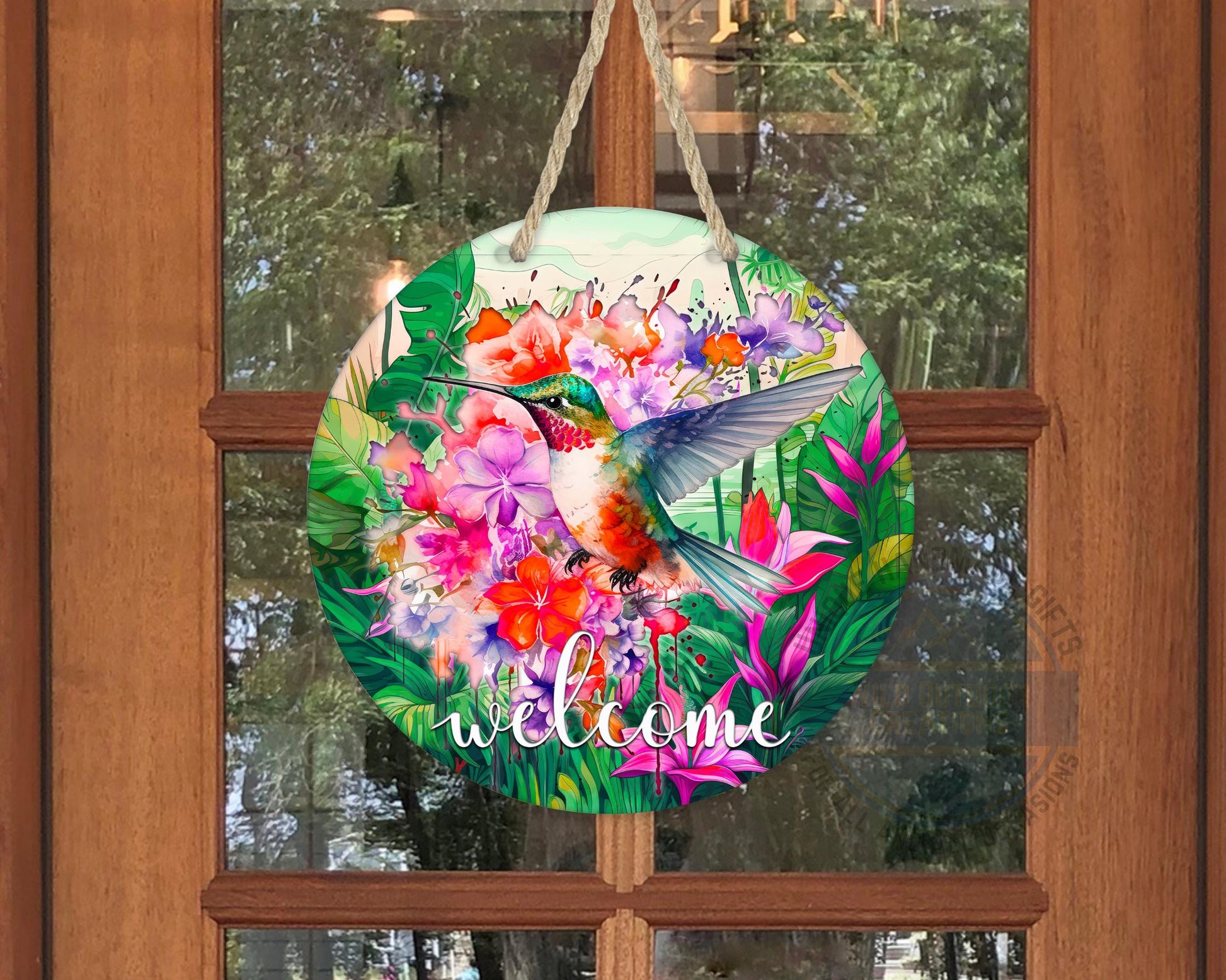 Floral Hummingbird Door Decor - Weather Resistant Garden Door Decor Sign - scale and size reference
