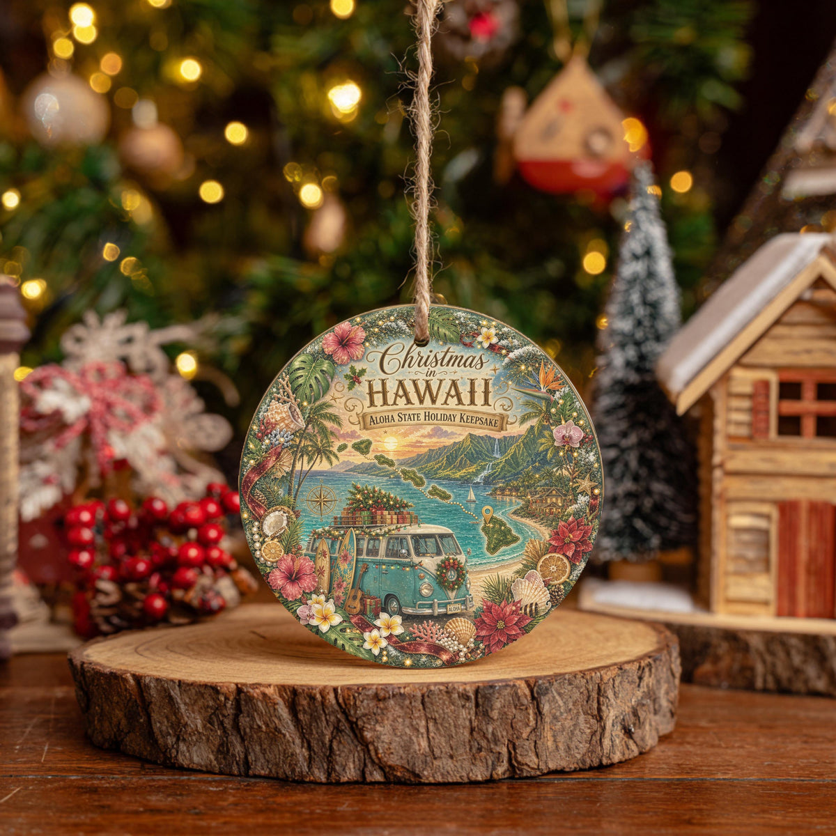 Hawaii Ornament, Vintage Van Aloha State Keepsake, 3 Inch Ceramic
