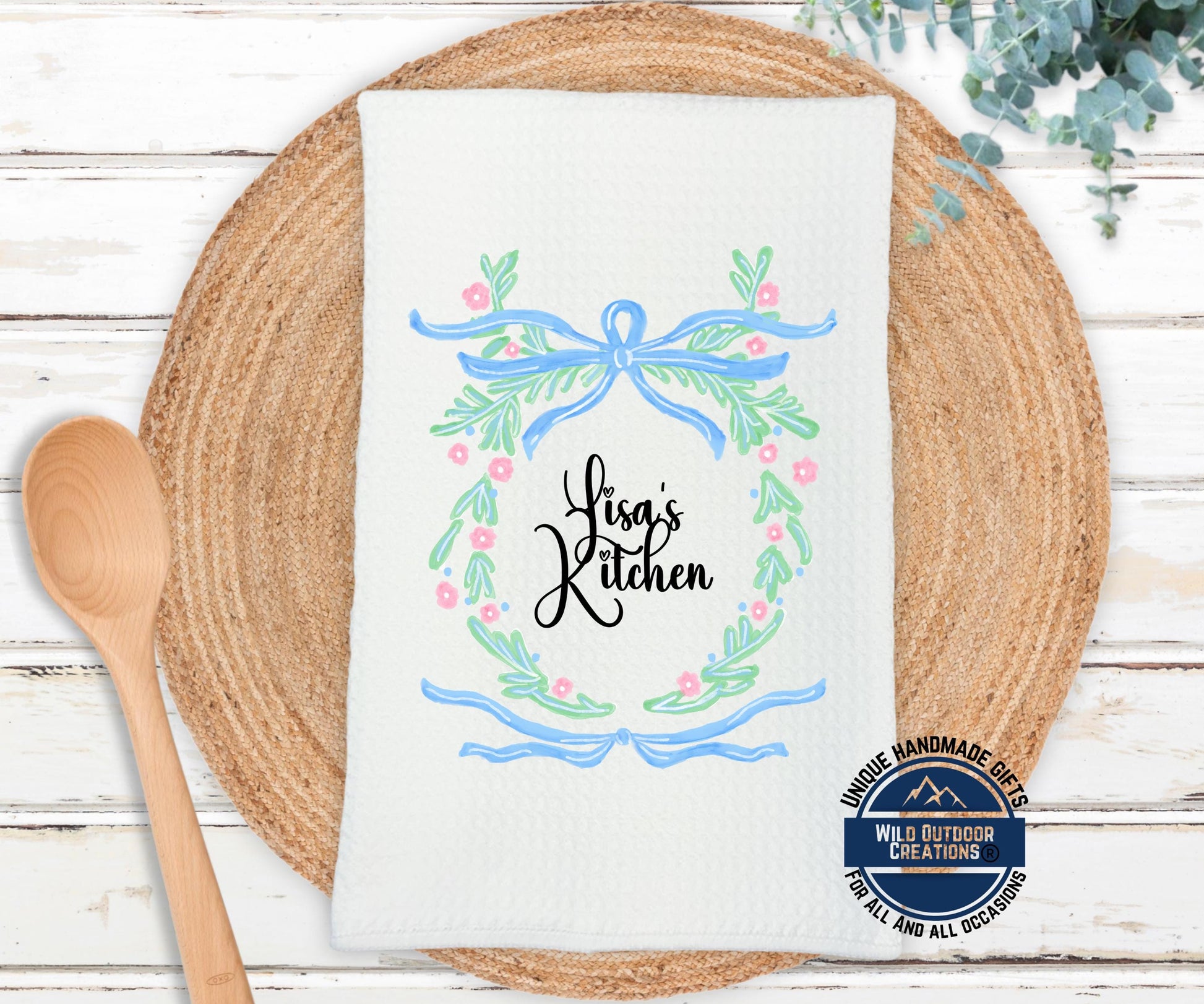 Personalized Kitchen Towel – Custom Name Floral Wreath Waffle Weave Gift - lifestyle view