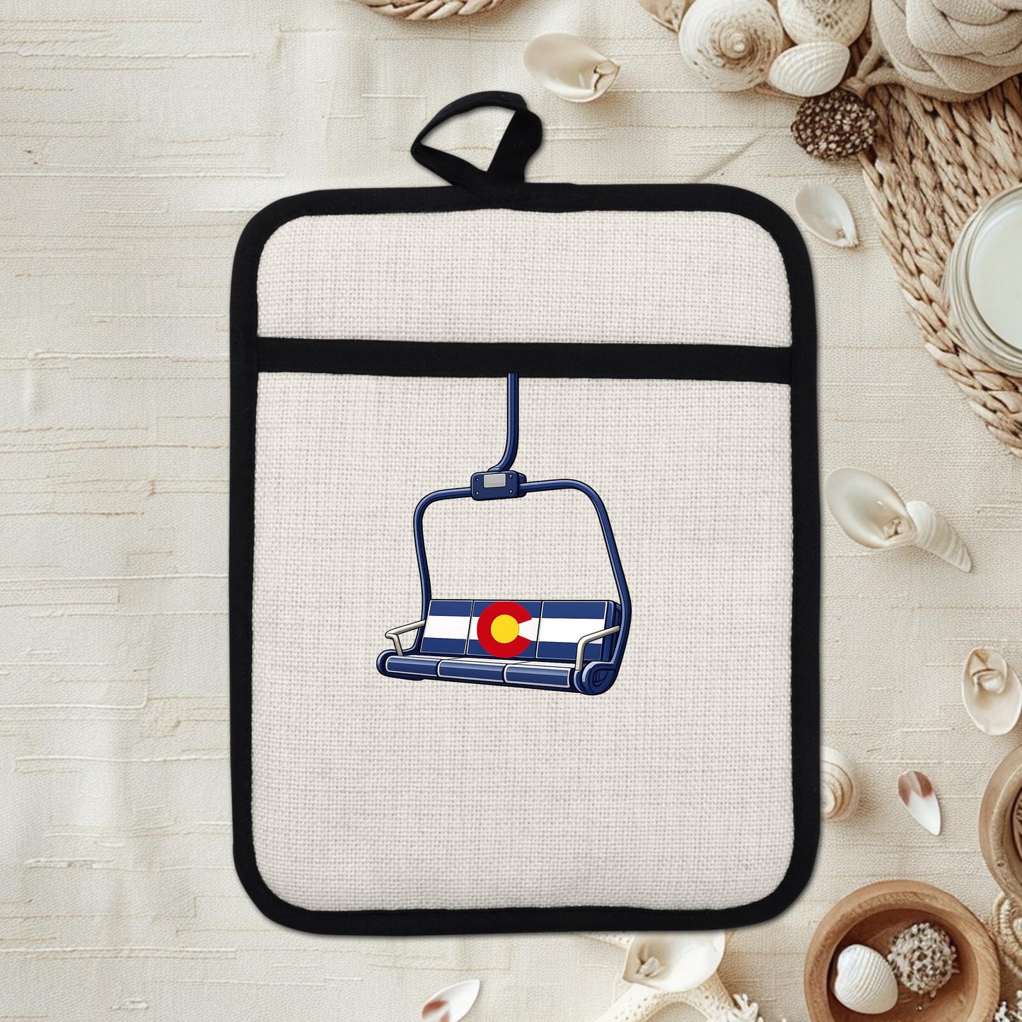 Colorado Flag Pot Holder – Ski Lift Pot Holder with Heat Resistant Mitt & Non Slip Trivet - gift presentation view