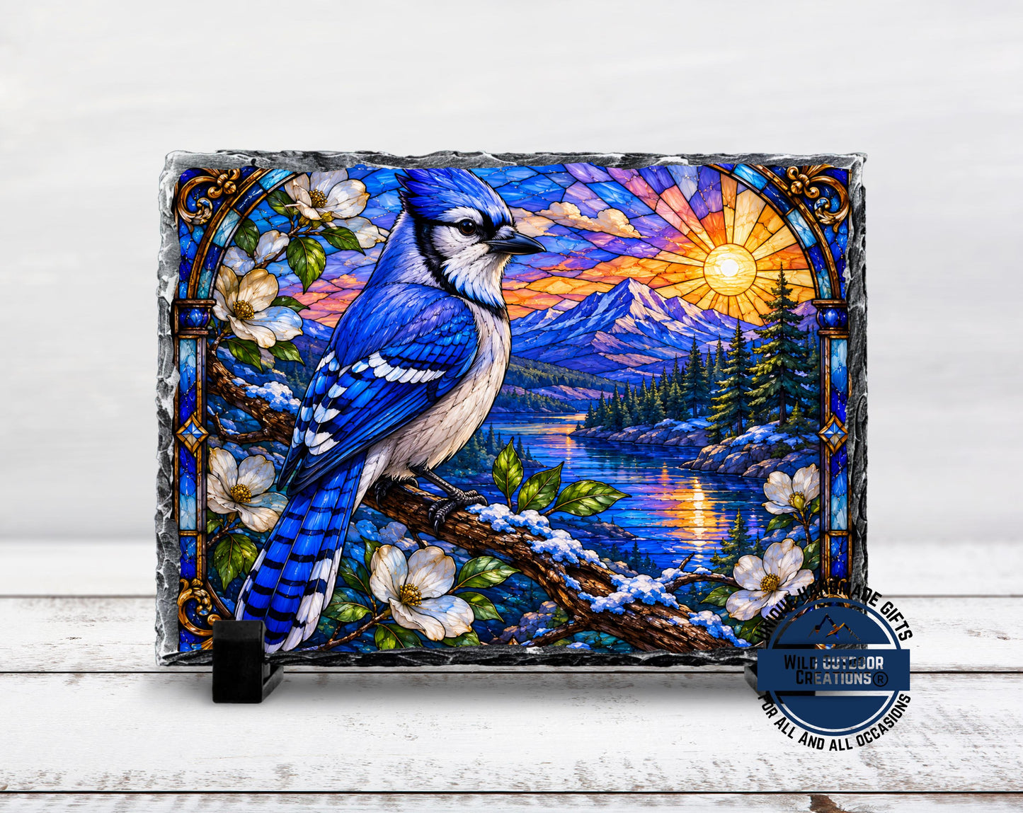 Blue Jay Faux Stained Glass Slate Plaque, Mountain Lake Sunset Bird Decor, Birder Gift
