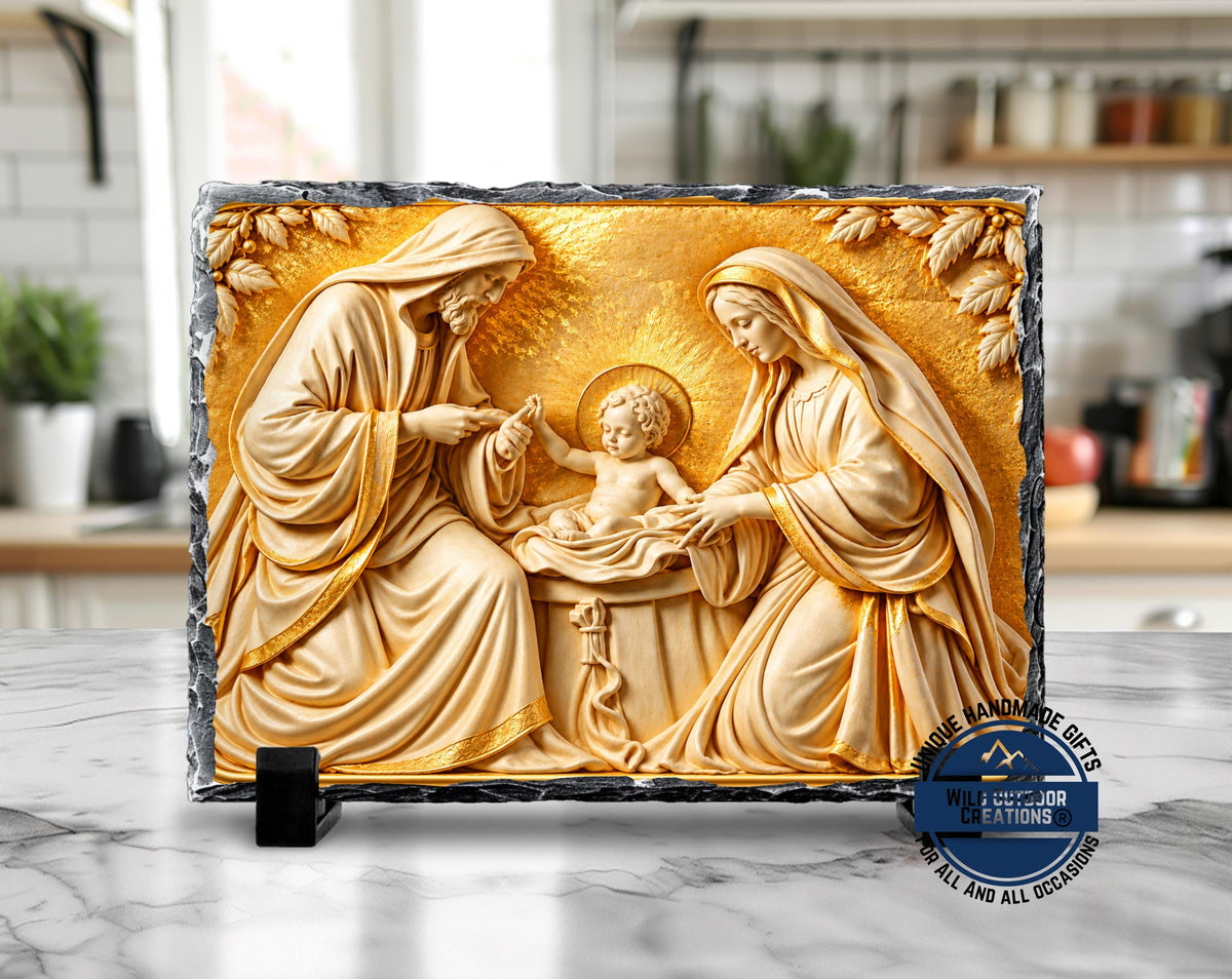 Holy Family Slate Plaque, Gold Nativity Art, Christian Catholic Religious Gift Decor