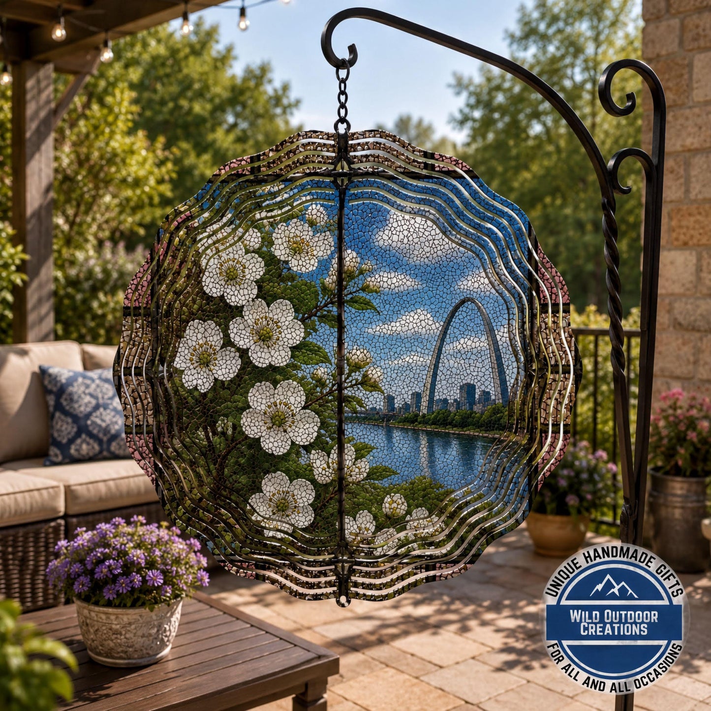 Missouri State Flower Hawthorn Blossom Wind Spinner Stained Glass Gateway Arch Decor 10 Inch