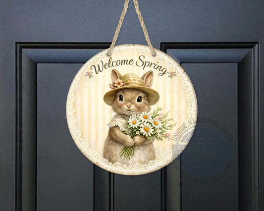 Spring Bunny Door Hanger – Floral Rabbit Wreath with Daisy Bouquet Sign