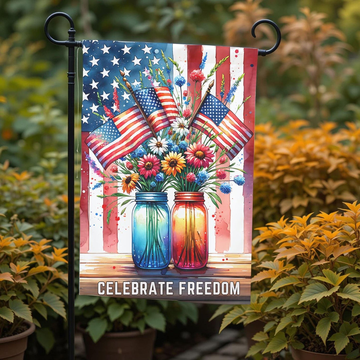 Patriotic Garden Flag – Mason Jar Flowers Floral American 12x18 Outdoor Decor