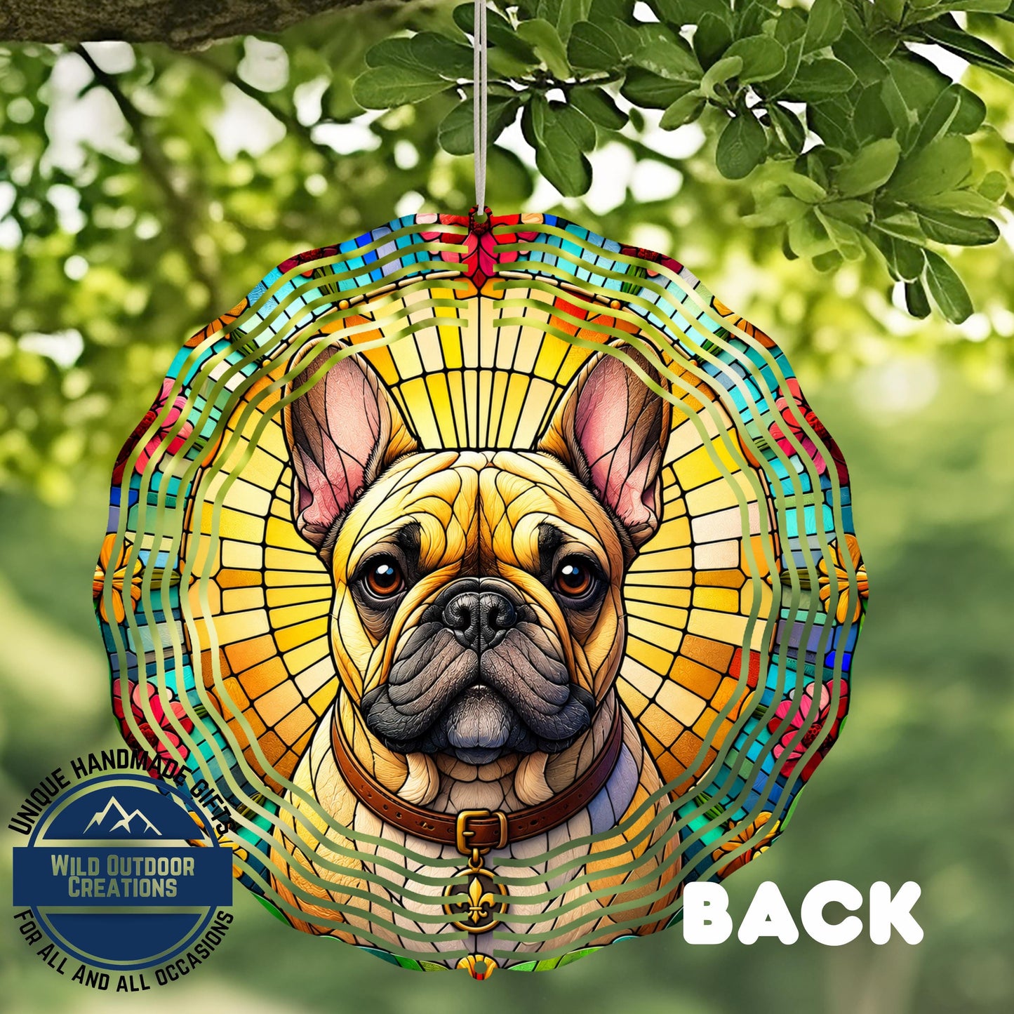 French Bulldog Wind Spinner – 10 Inch Faux Stained Glass Spiral Garden Decor