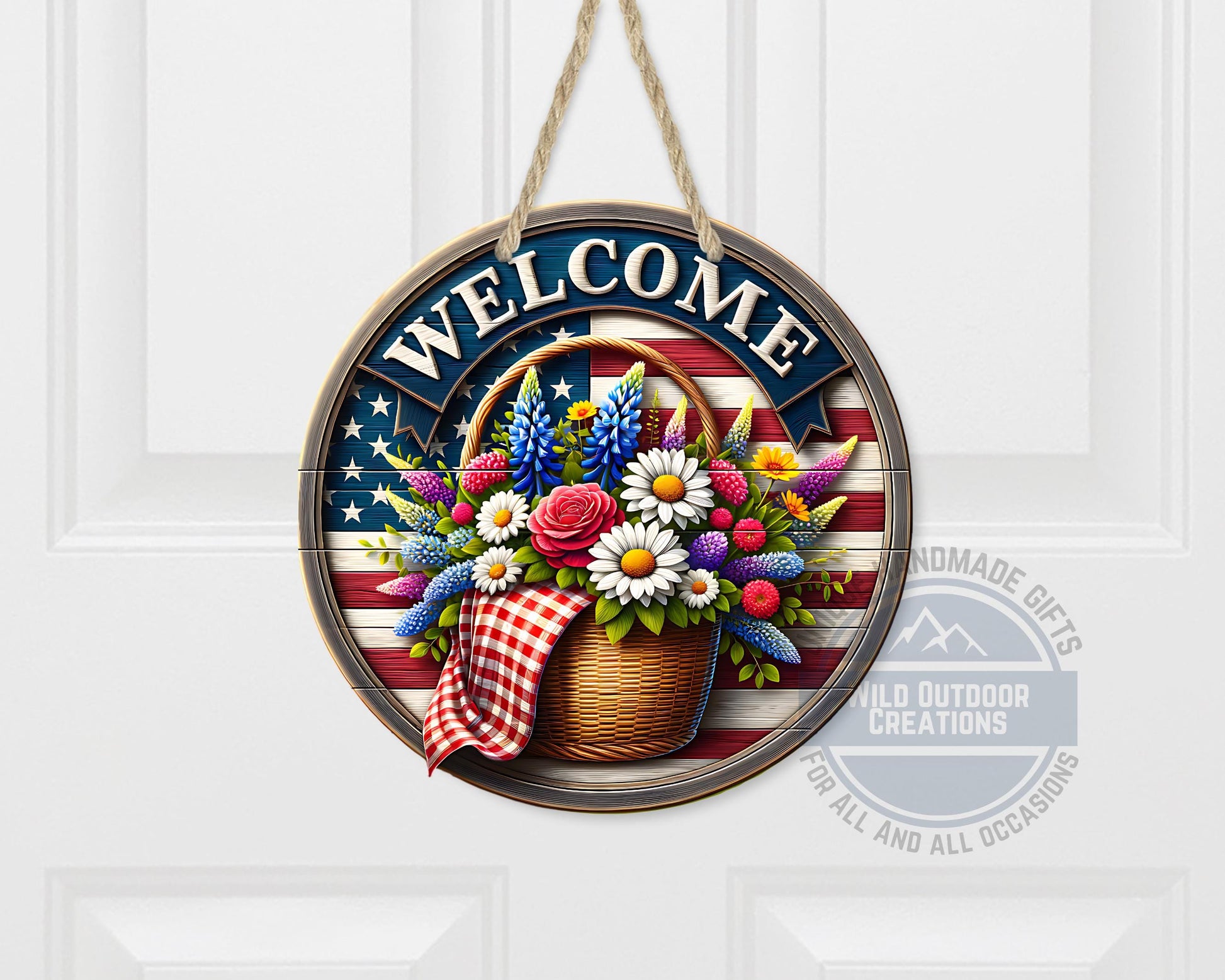 Patriotic Door Hanger - Aluminum Outdoor Sign With American Flag & Floral Basket - scale and size reference