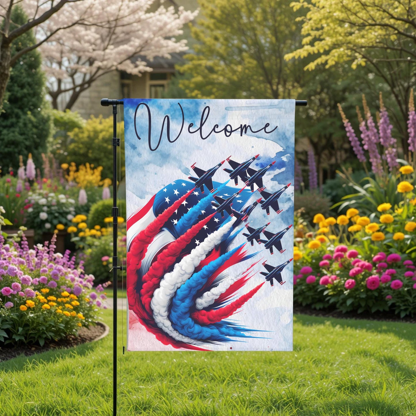 Patriotic Garden Flag - Double Sided 12x18 Red White Blue Fighter Jet Design - full product view